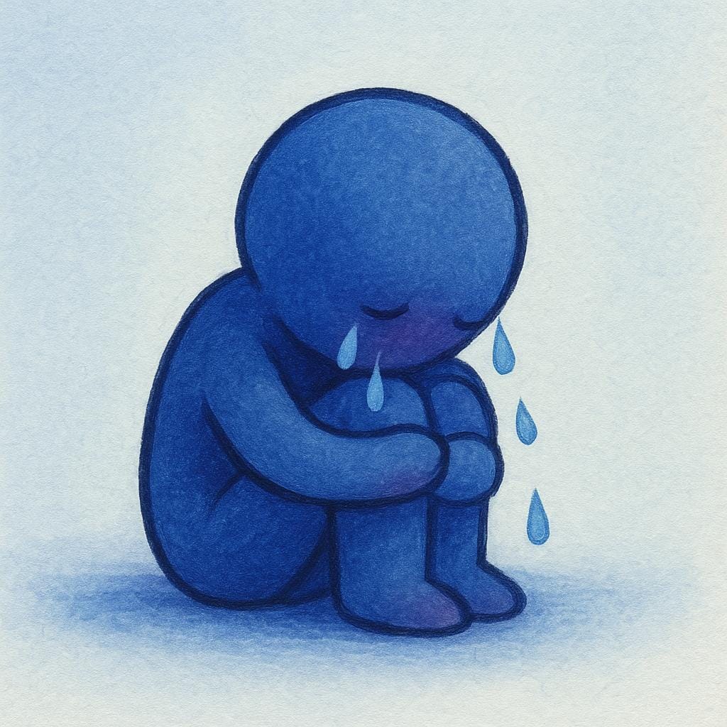 A simple, stylized human figure sitting alone, hunched over and weeping intensely, conveying deep emotional devastation.