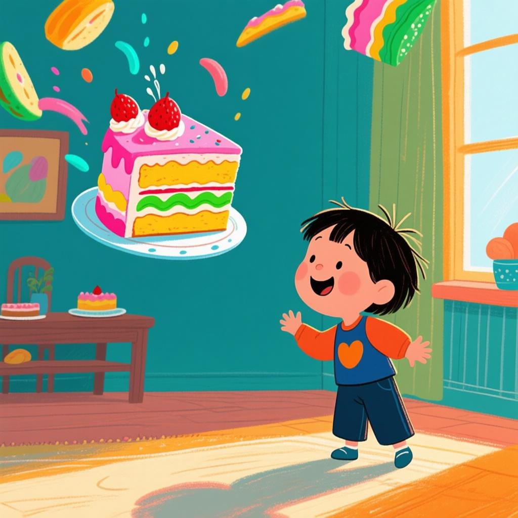 A child standing in a room, looking happily at a colorful slice of cake that is magically materializing in the air, symbolizing the hope that something exists.