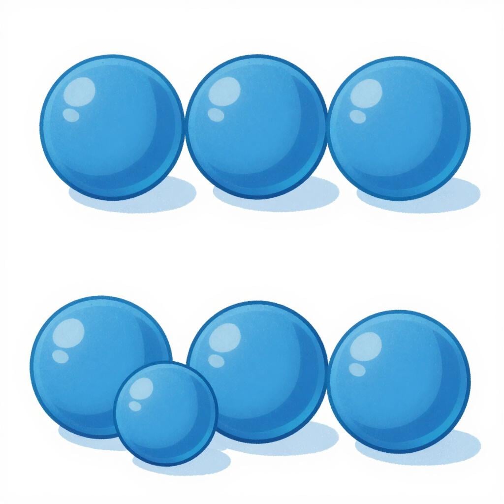 A group of six blue marbles being sorted into two equal groups of three.