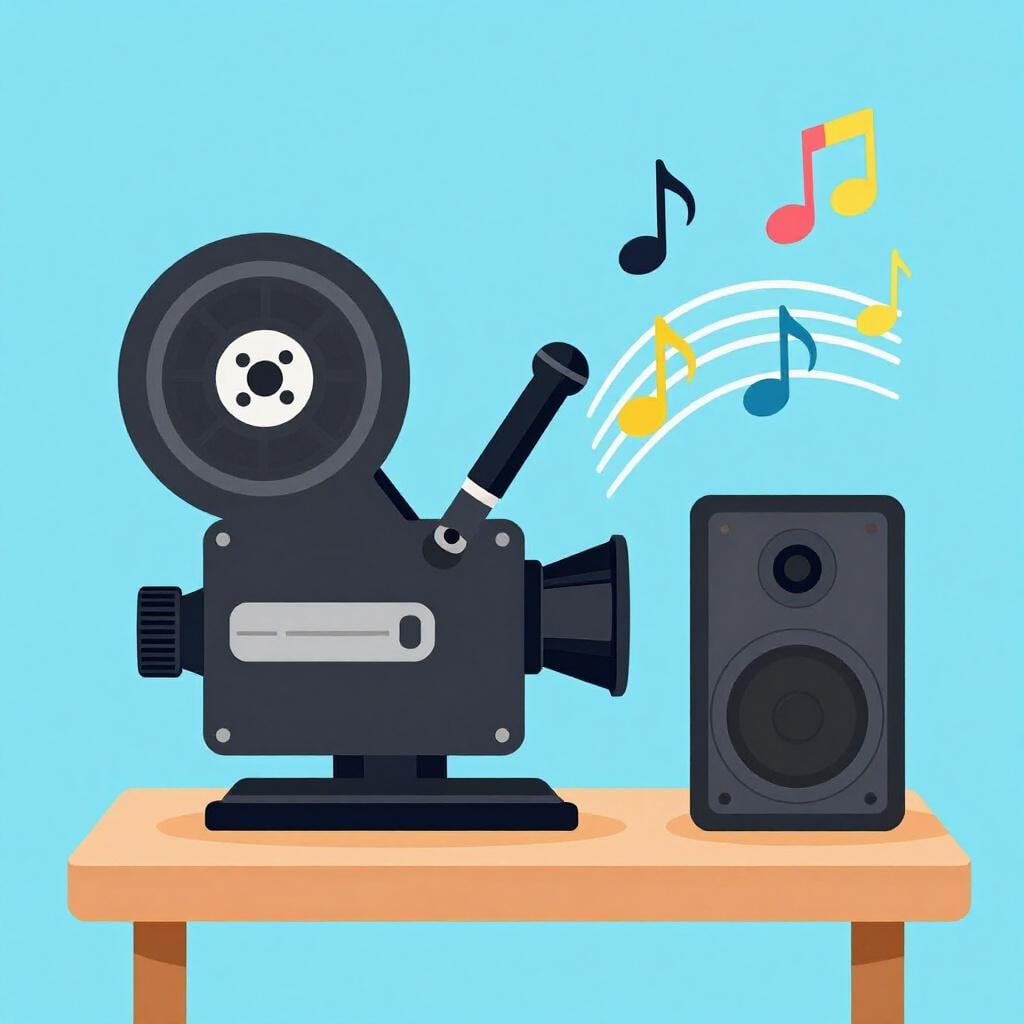 Een vintage filmprojector met een luidspreker ernaast die muzieknoten uitstraalt om geluidsfilm weer te geven.