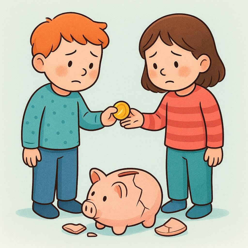 陶器の豚の貯金箱が壊れている隣に立つ2つの漫画の人物が描かれた絵本風のイラスト。一人の人物がもう一人にコインを渡しており、二人とも罪悪感と少し心配そうな表情をしており、共犯者であることを示している。