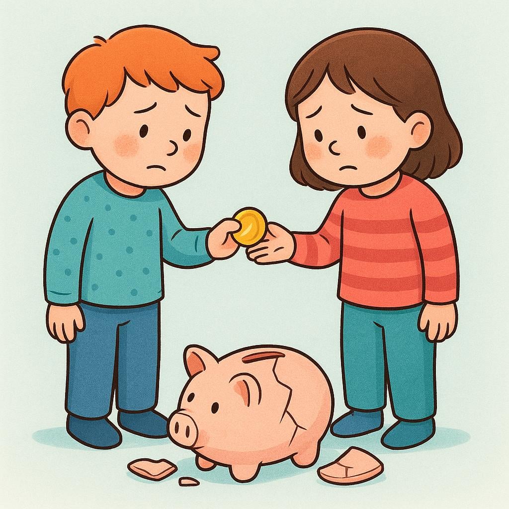 A storybook illustration showing two cartoon figures standing next to a broken ceramic piggy bank. One figure is passing a coin to the other, and both have guilty and slightly worried expressions, illustrating an accomplice.