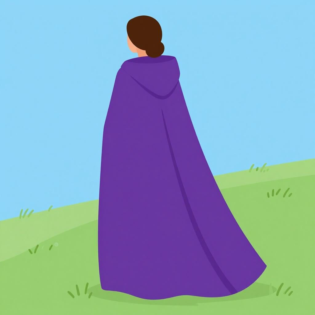 A person wearing a long, flowing purple cloak standing in a simple landscape.