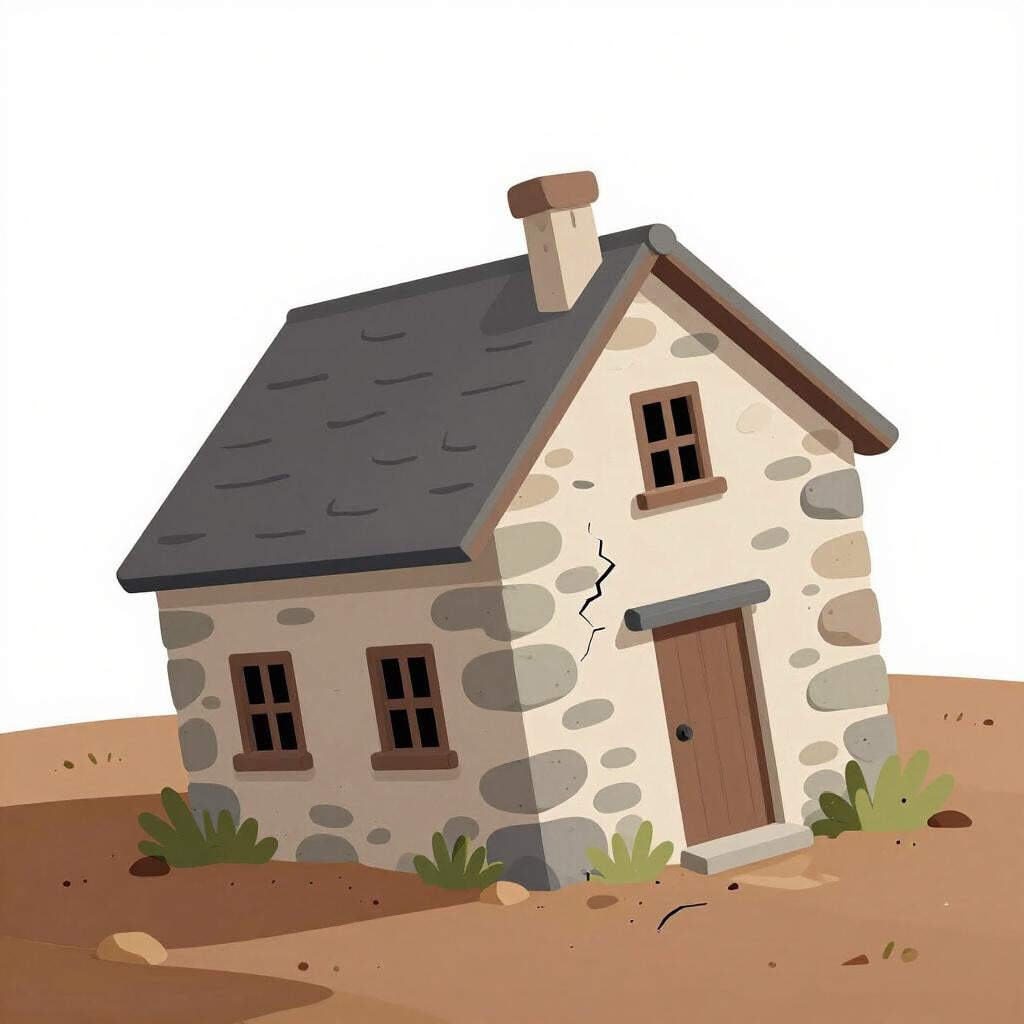 A small stone cottage showing a visible crack in the wall as it tilts slightly into the soft earth.