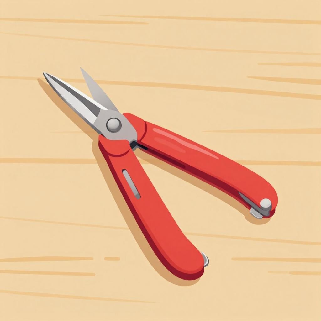 A colorful multi-tool with various attachments open on a clean wooden surface.