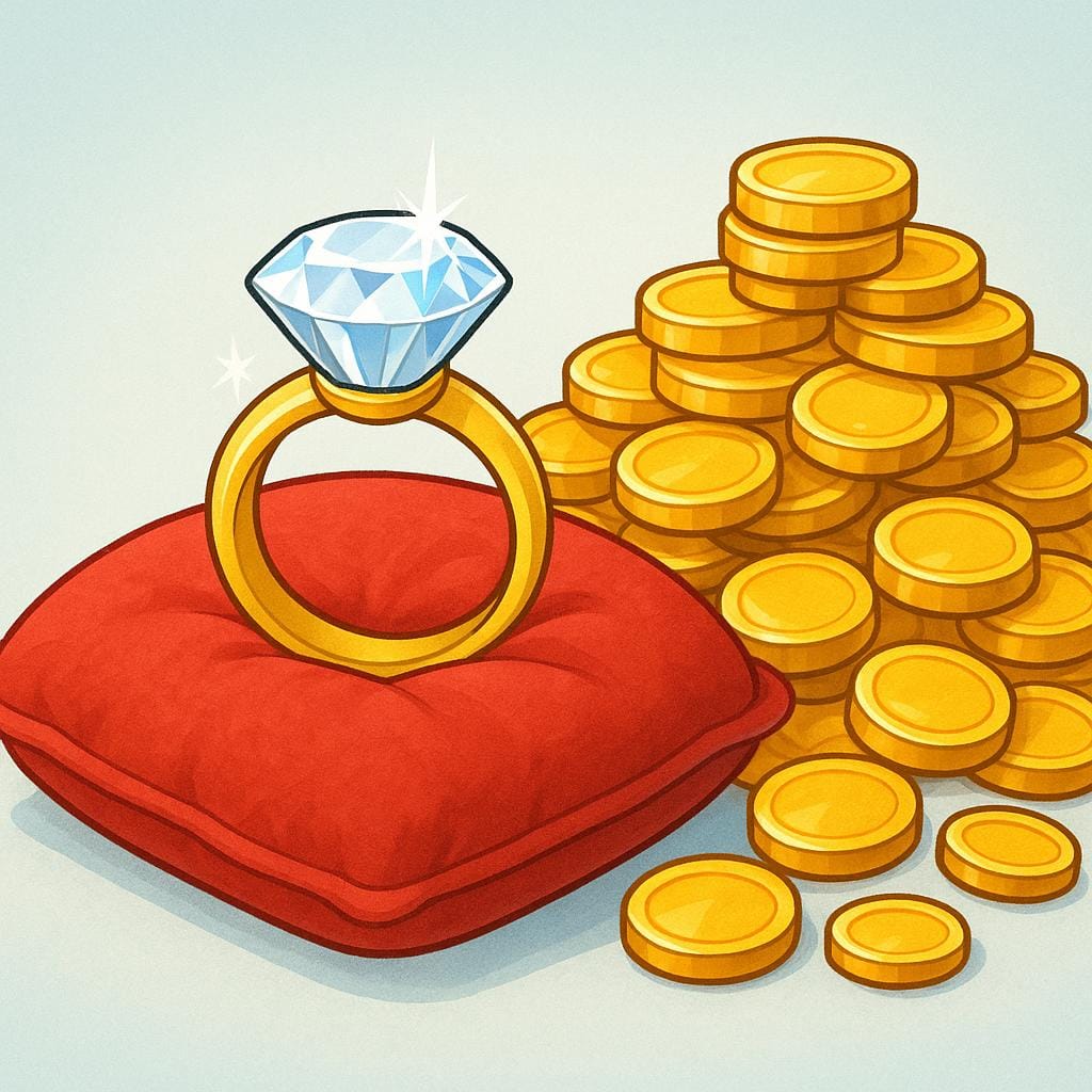 A sparkling diamond ring resting on a luxurious red velvet cushion, next to a massive, overflowing pile of shiny gold coins, symbolizing a high price.