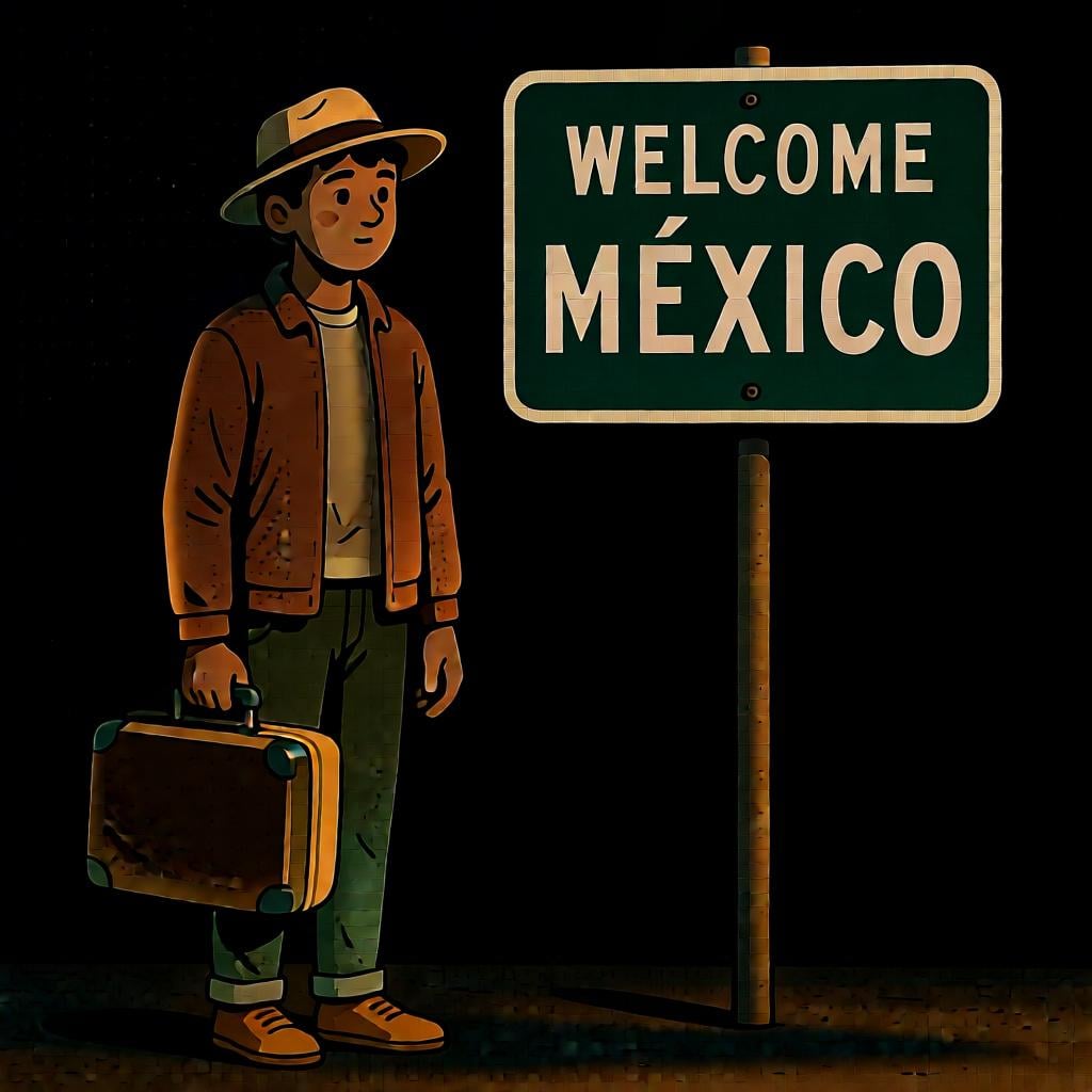 A person with a suitcase stands next to a large, stylized sign that says 'México', indicating where they are from.