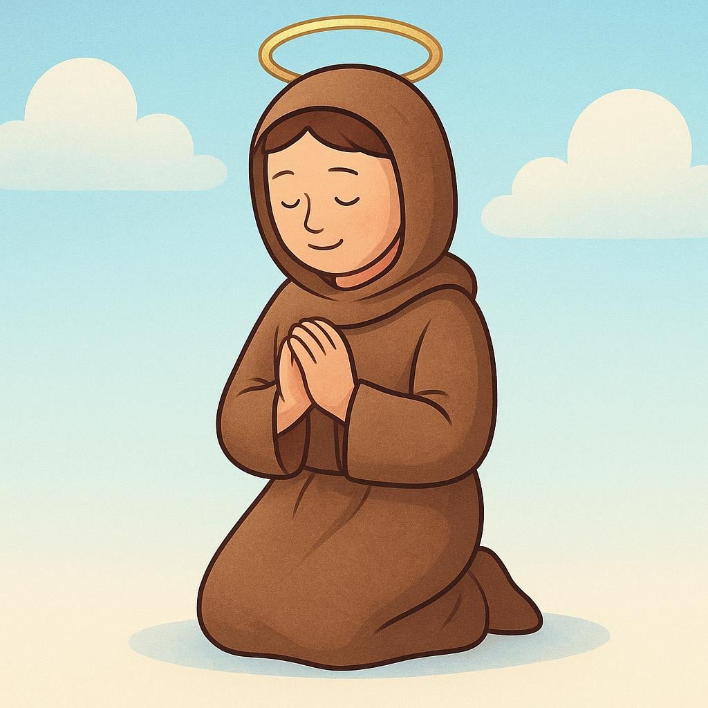 A peaceful figure wearing a simple brown robe, kneeling gently with hands clasped in prayer, illuminated by a faint golden halo.