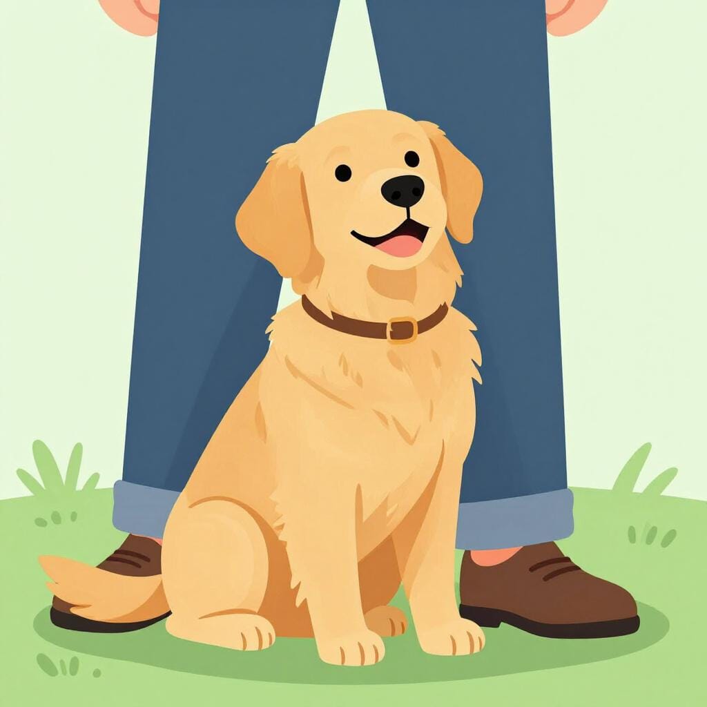 A loyal golden retriever sitting patiently by its owner's side, looking up with devotion.