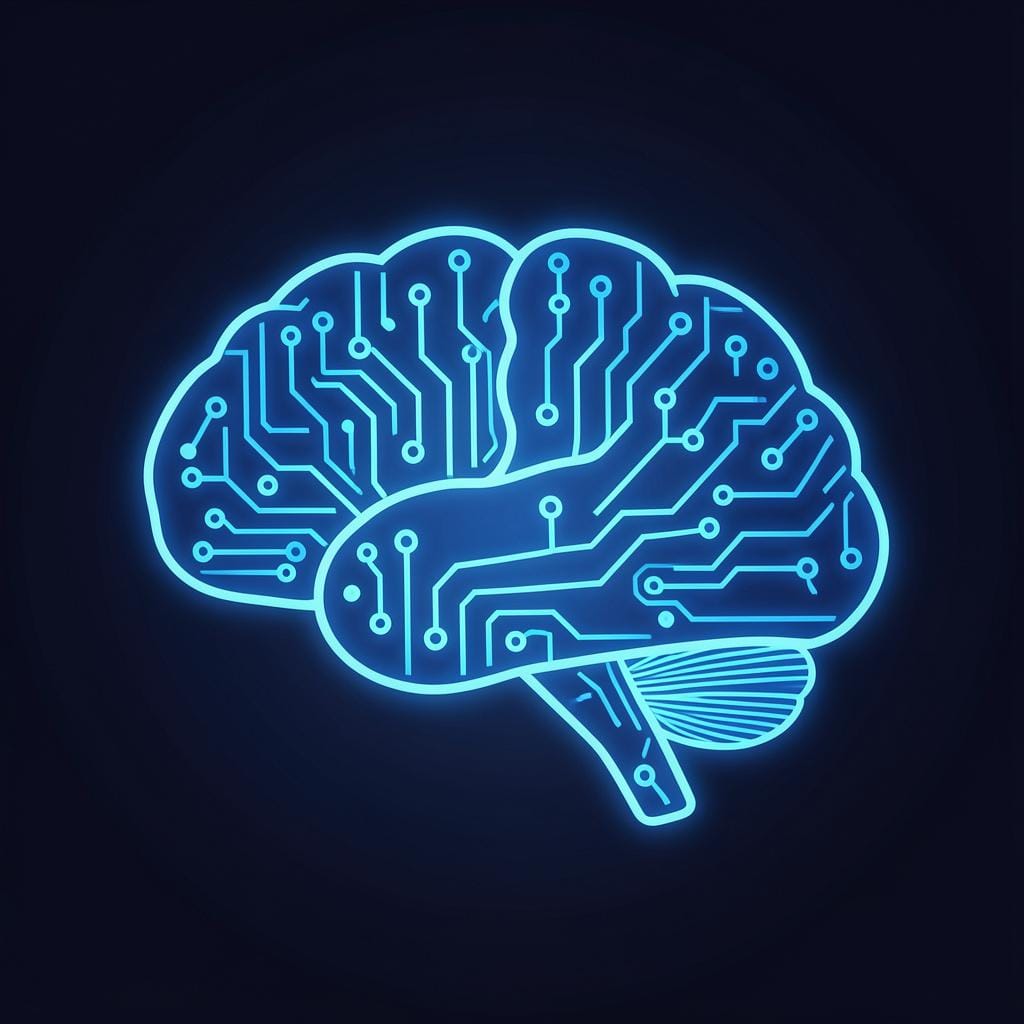 A glowing blue circuit board pattern shaped like a human brain.