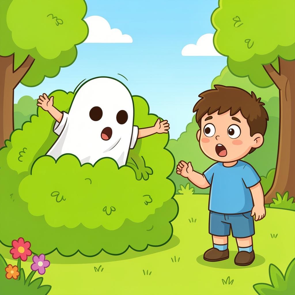A child wearing a white sheet jumps out from behind a colorful bush to surprise a friend who looks startled.