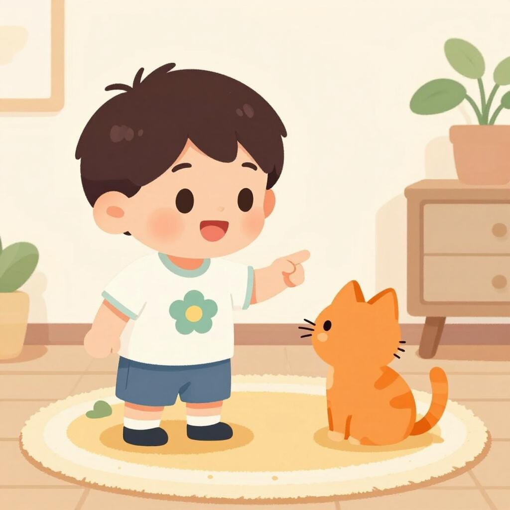 Un enfant montre du doigt un petit chat roux.