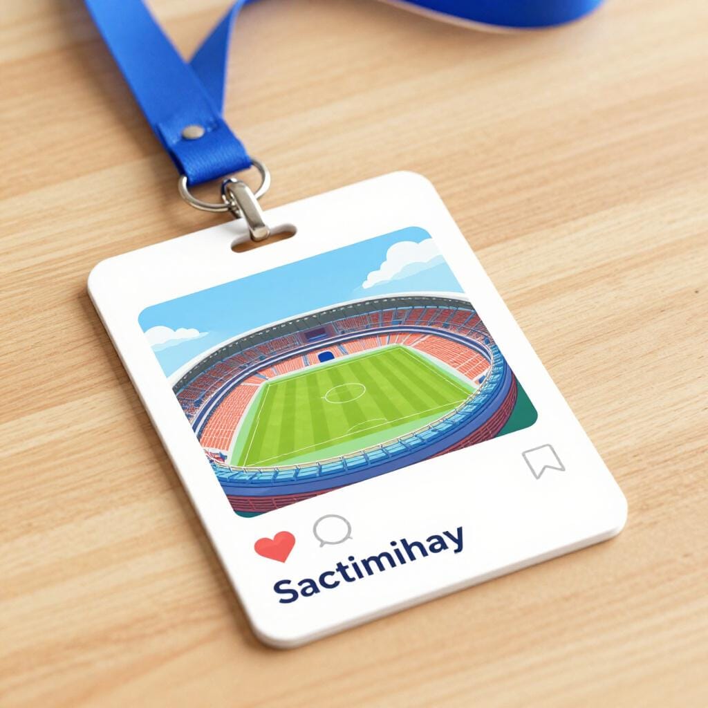 A colorful plastic card with a stadium icon and a lanyard on a simple background.