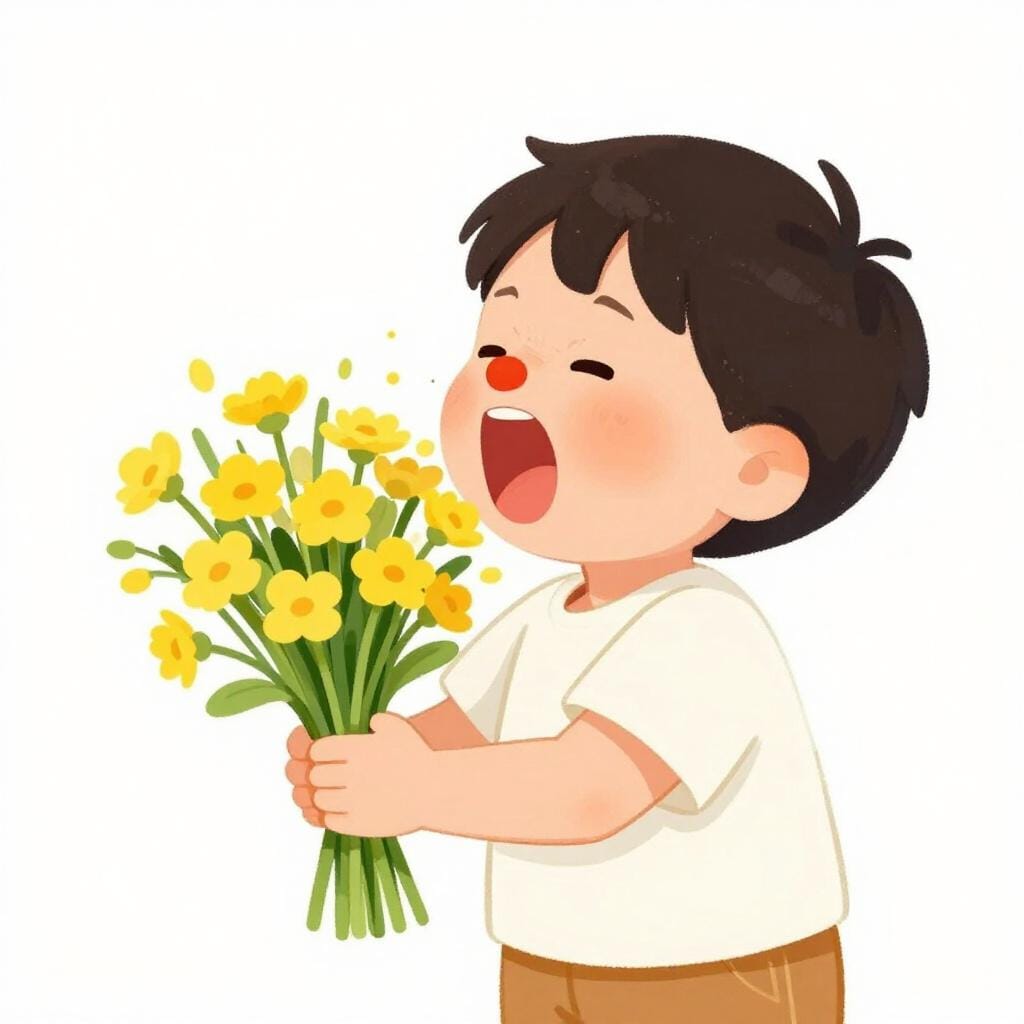 A child sneezing while holding a bunch of flowers.