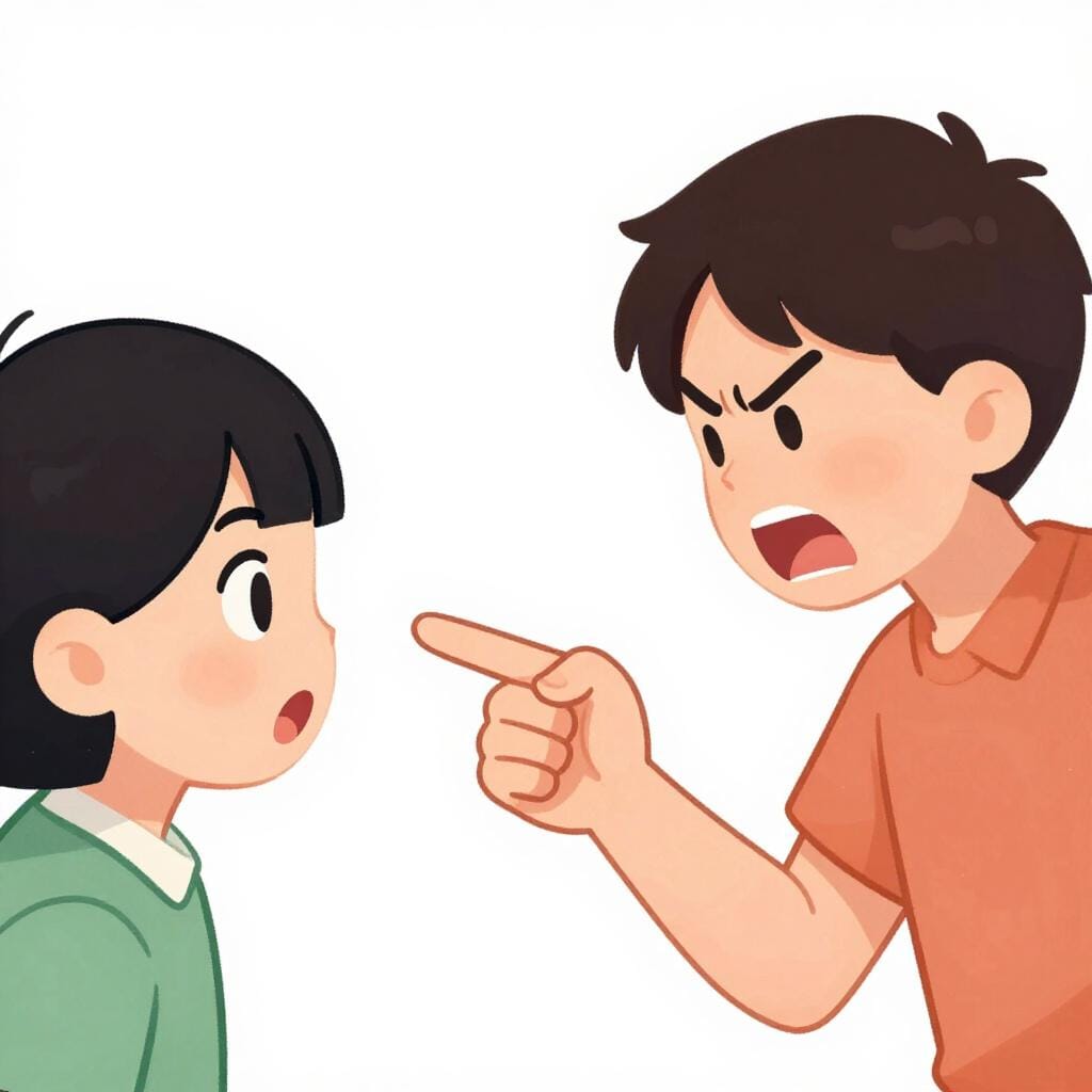 怒った表情で口を開け、もう一方の人物に激しく身振り手振りで話している人物。