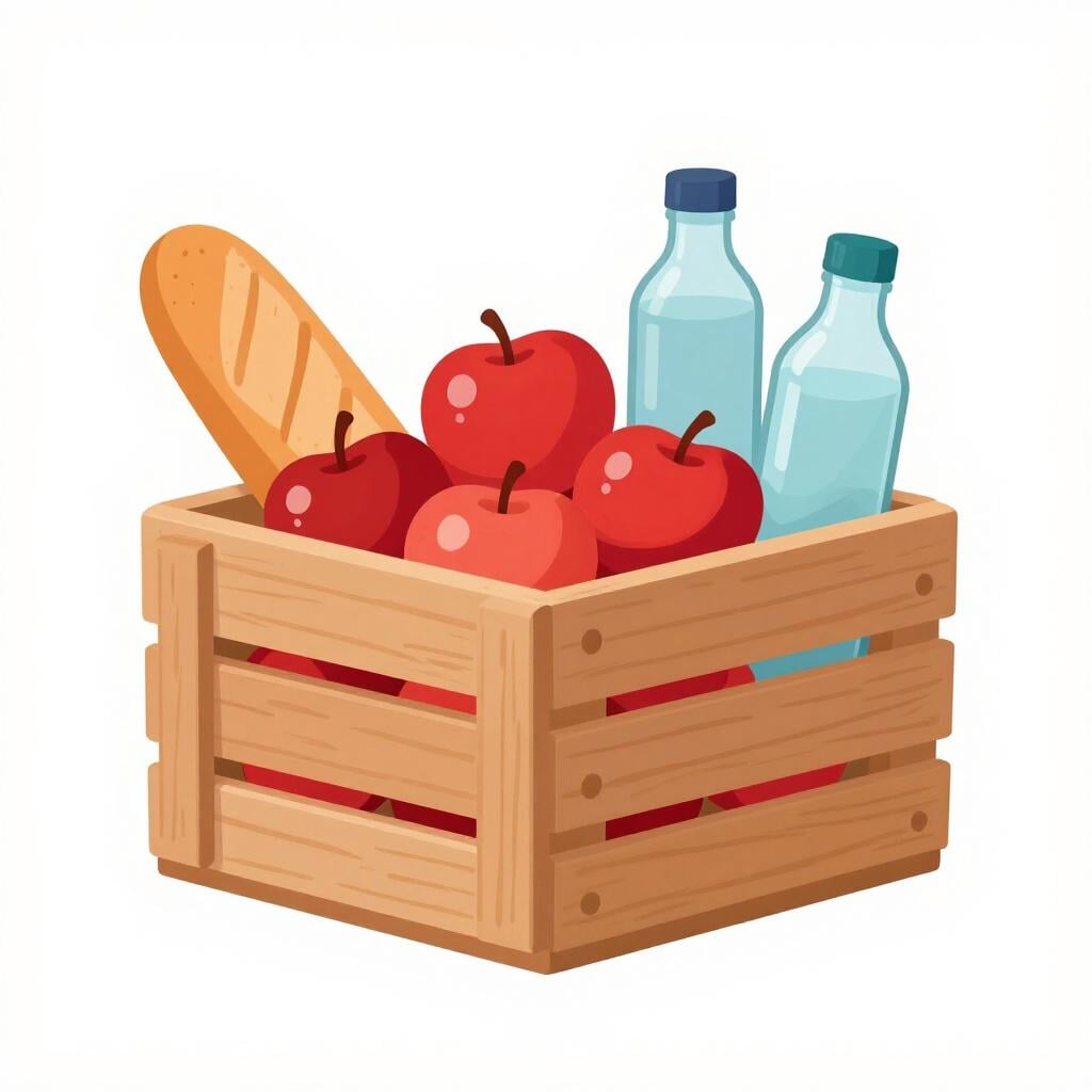 Eine Holzkiste gefüllt mit frischen Äpfeln, Brot und Wasserflaschen.