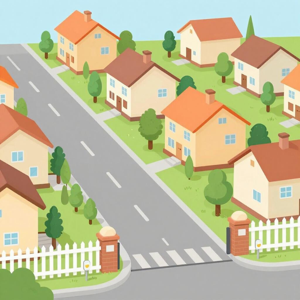 A planned neighborhood with matching houses and a decorative entrance gate.