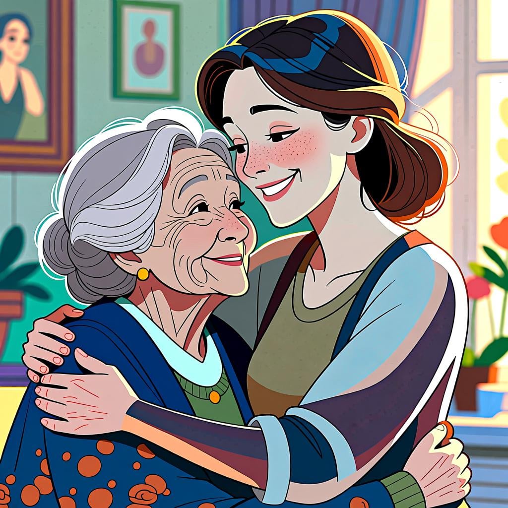 A smiling woman gently hugging an older woman, representing familial love.