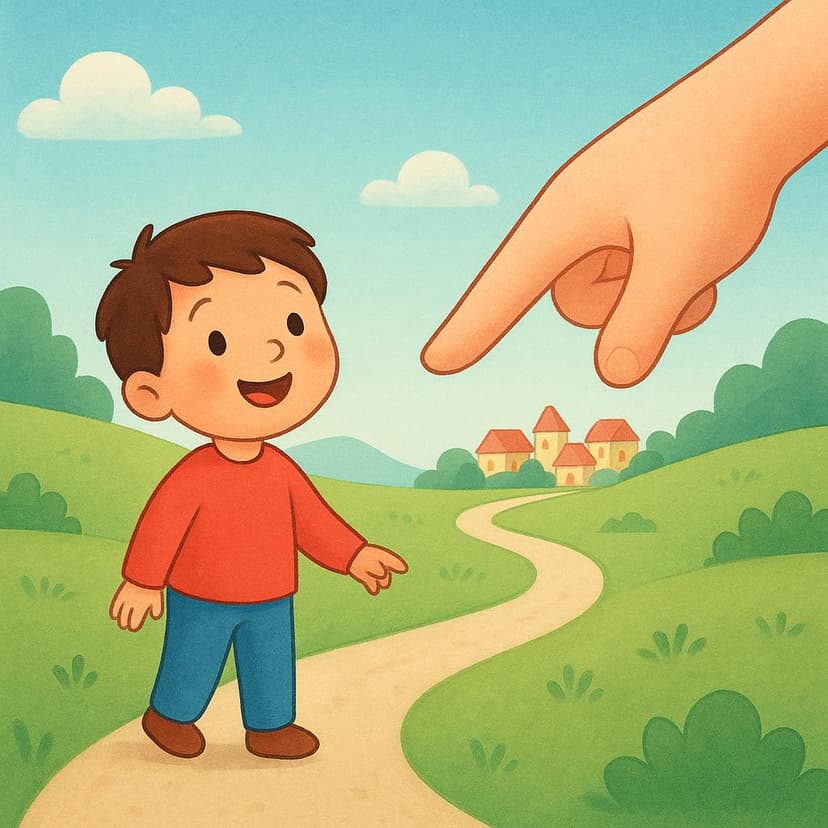 A smiling child stands on a path leading toward a distant, colorful town, while a gentle, large hand points the child down the path in a gesture of encouragement.