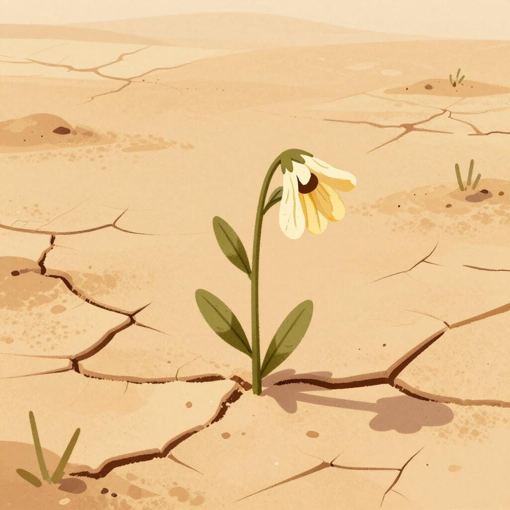 A single withered flower standing in dry, cracked earth under a bright sun.