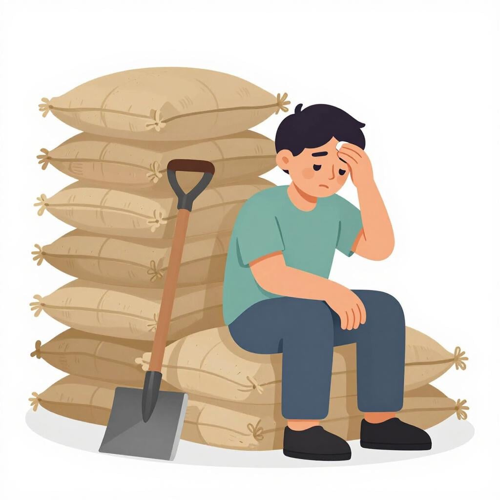 A tired person sitting on a pile of heavy sacks, wiping sweat from their forehead.