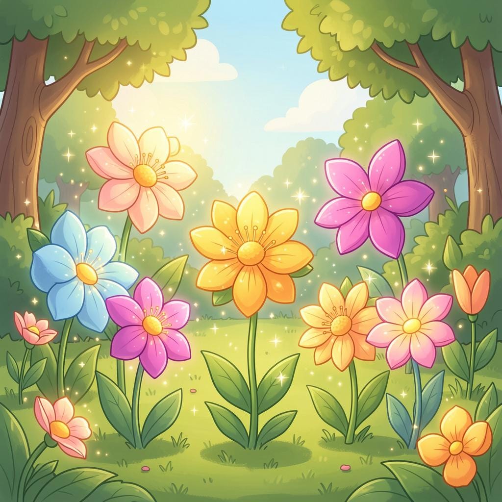 Un gruppo di fiori magici vibranti e luminosi in un giardino soleggiato.