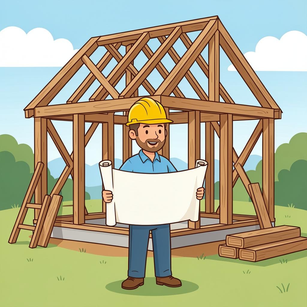 A professional architect wearing a yellow hard hat looking at a rolled-up blueprint in front of a modern building frame.