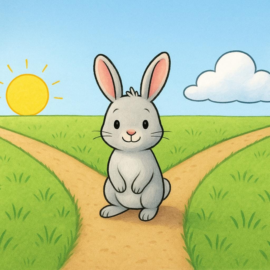 Eine Bilderbuchillustration eines kleinen Kaninchens, das an einer Gabelung eines grasbewachsenen Pfades steht und die Chancen symbolisiert, die eine Richtung gegenüber der anderen hat. Ein Pfad führt zur Sonne, der andere zu einer Wolke.