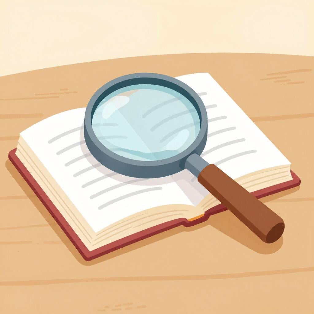 An open book on a table with a magnifying glass resting on the pages.