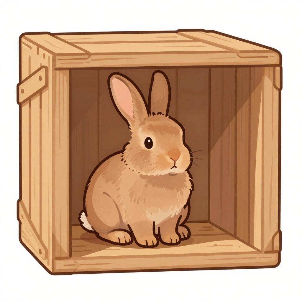 A small, fluffy rabbit curled up inside a sturdy wooden box for protection.