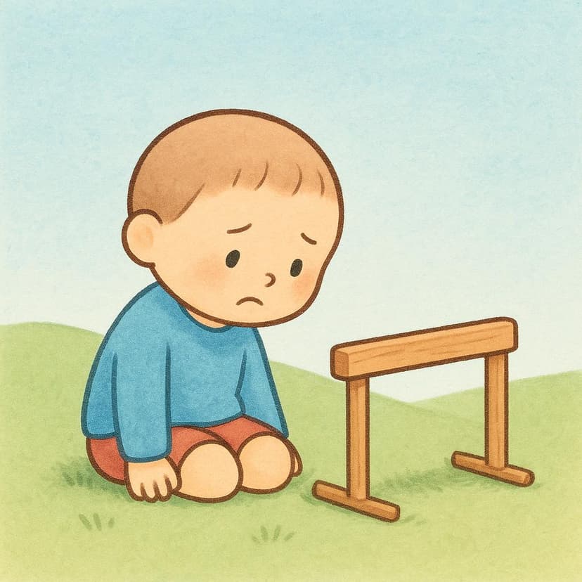 Eine kleine, niedergeschlagene Figur, die neben einer niedrigen Hürde sitzt, die sie nicht überspringen konnte, was das Konzept des Scheiterns veranschaulicht.