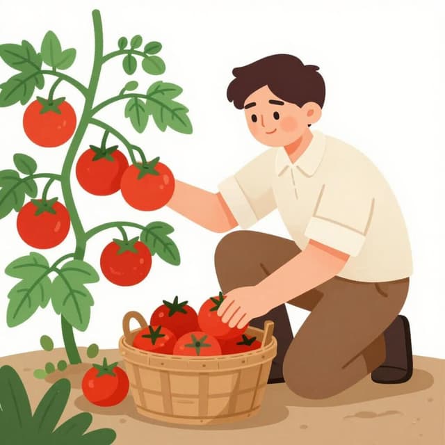 A person in a sunlit garden gathering ripe red tomatoes into a wooden basket.
