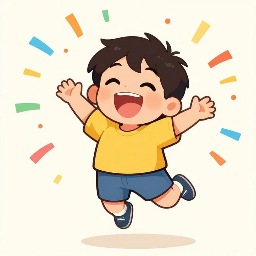 A child jumping in the air with a wide smile and arms raised in excitement.