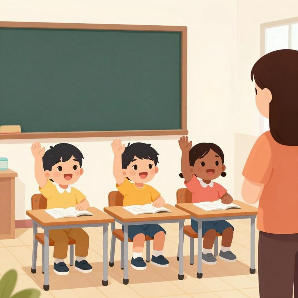 A group of children with their hands raised in a bright classroom.