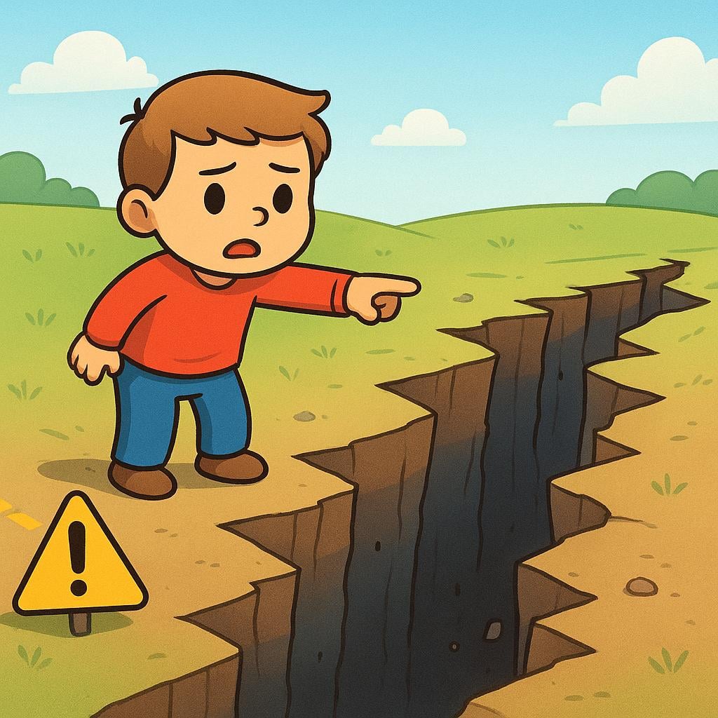A small, worried character standing on safe ground, urgently pointing toward a deep, visible fissure or crack in the earth to caution someone about the danger ahead.