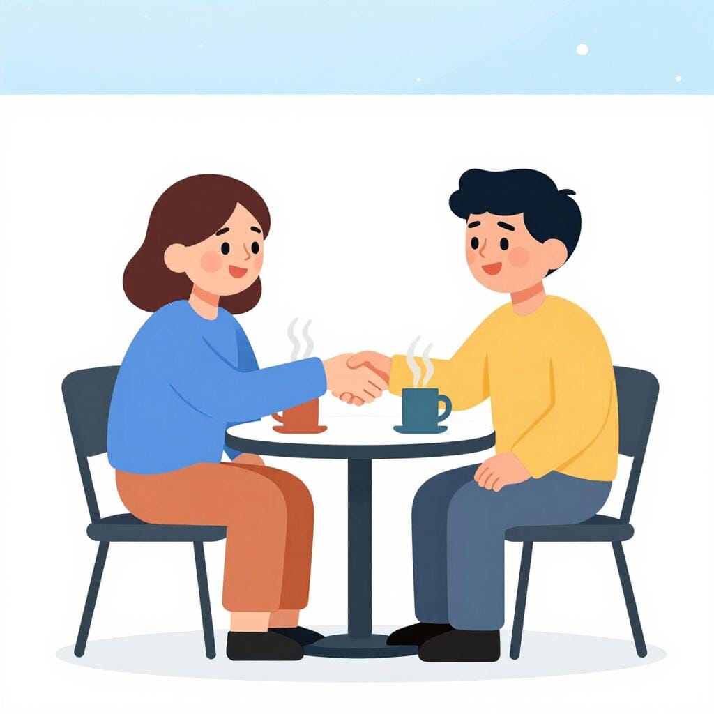 Zwei Personen sitzen lächelnd an einem Tisch im Freien und geben sich bei Kaffeetassen die Hand.