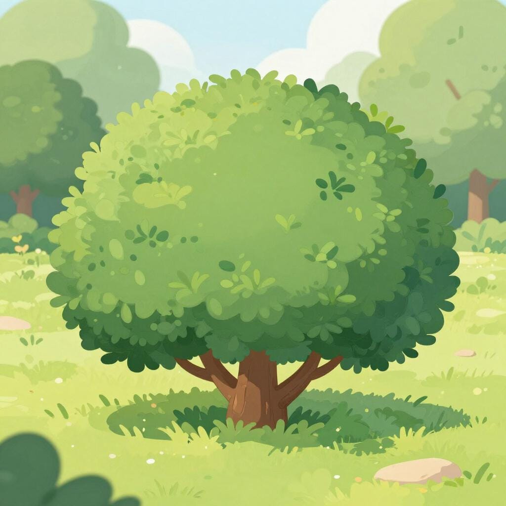 緑豊かで丸みを帯びた木質の根元を持つ低木。小さな葉がついている。