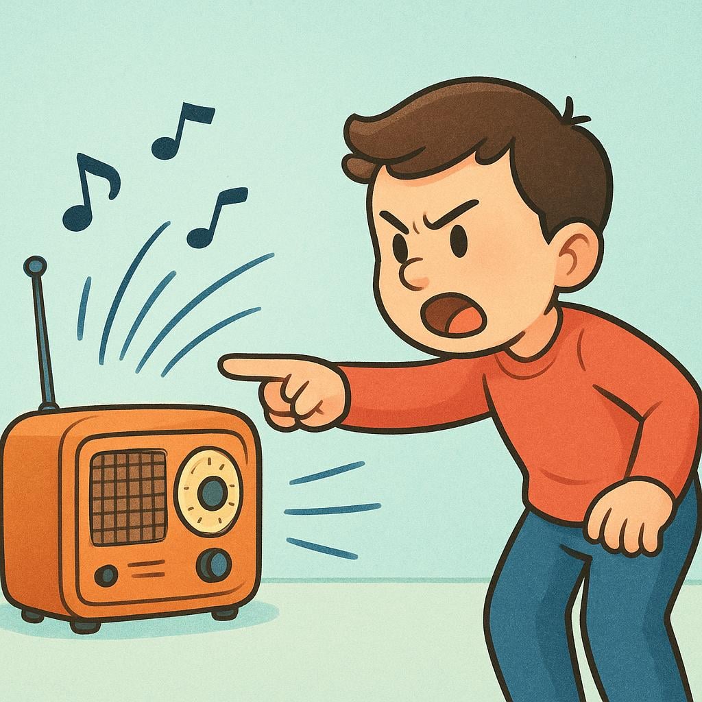 A person is standing next to a blaring radio, making a sudden, urgent gesture with their hand towards the device, commanding it to be silenced.