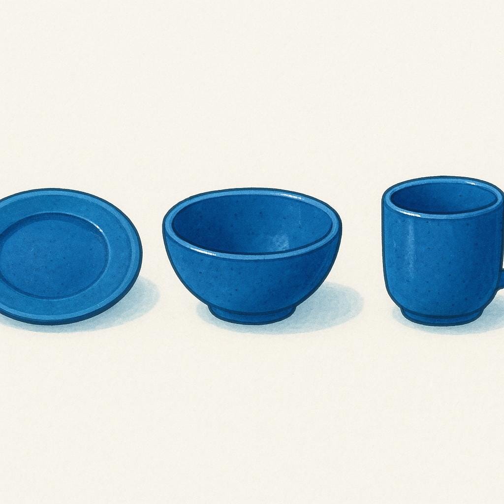 Een perfect passende set blauw keramiek servies: een bord, een kom en een koffiemok, netjes gerangschikt.