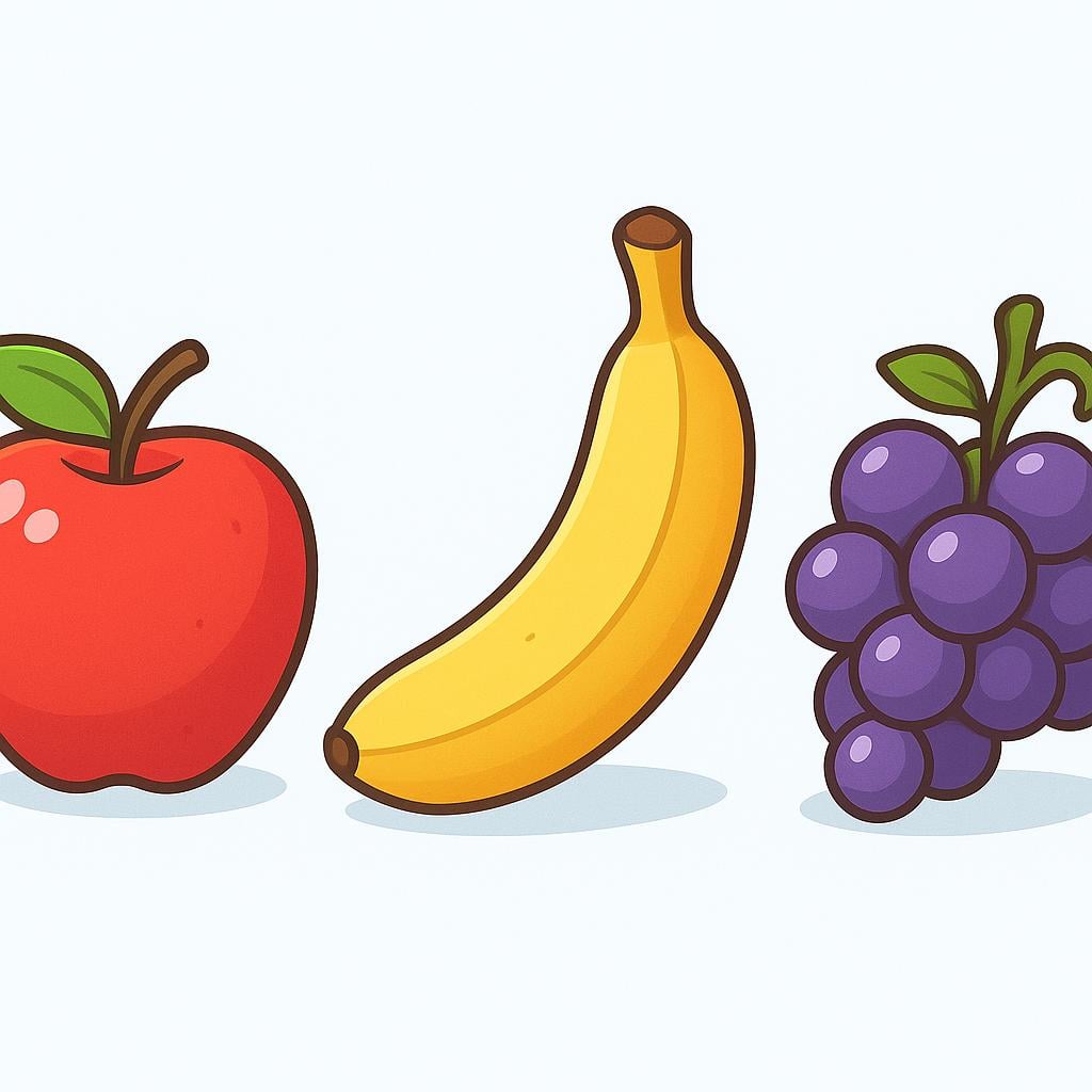 A red apple, a yellow banana, and a cluster of purple grapes arranged next to each other, highlighting their varied colors and shapes.