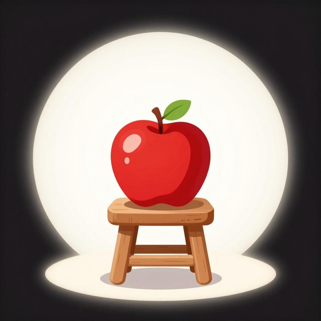 Een enkele helderrode appel in het midden van een spotlight op een donker podium.