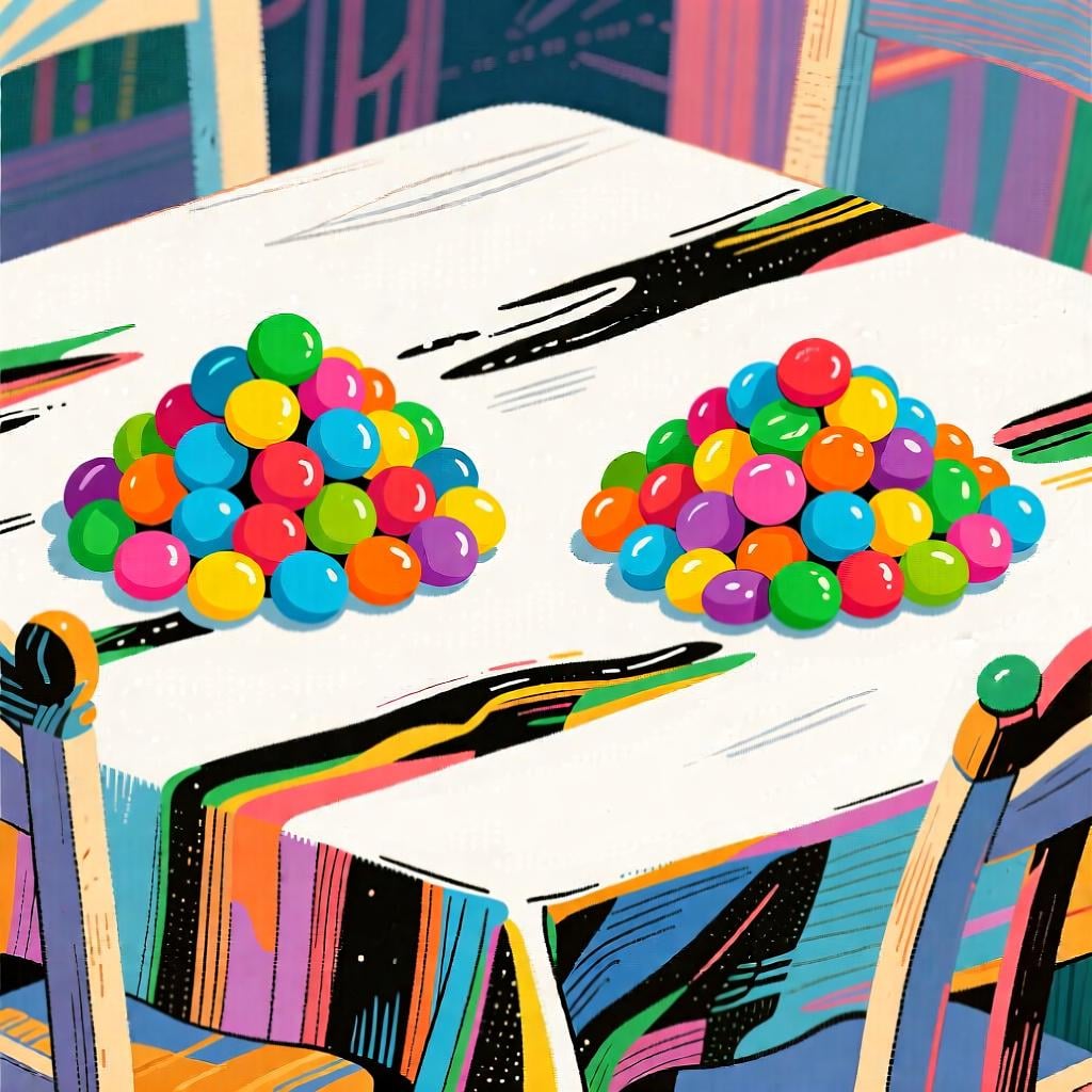 Two separate, uneven piles of colorful, round candies resting on a white tablecloth, illustrating a comparison.