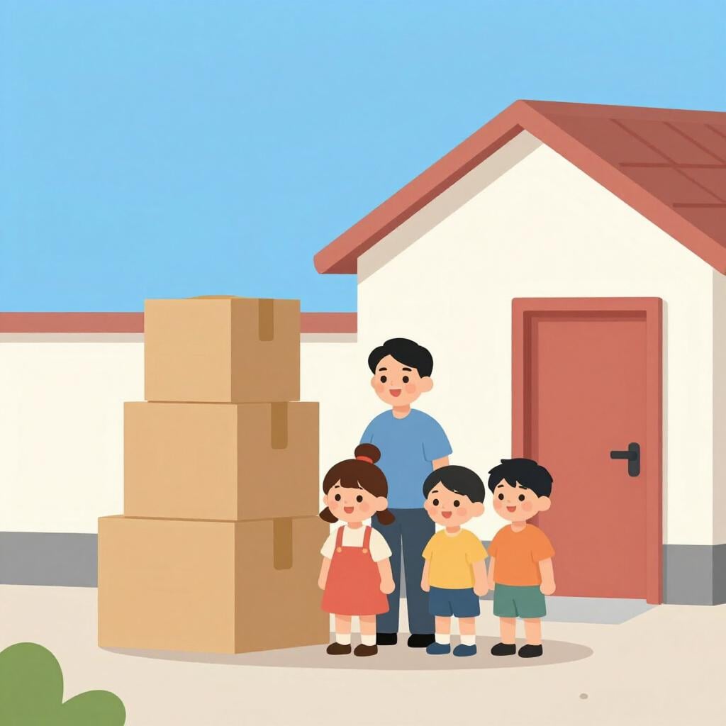 A happy family standing in front of a new house with several cardboard boxes stacked on the lawn.