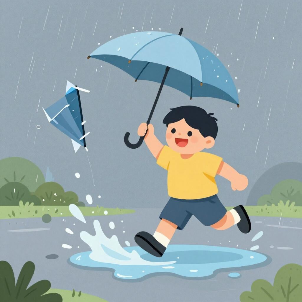 Uma pessoa a sorrir enquanto está ao ar livre à chuva, segurando um guarda-chuva partido.