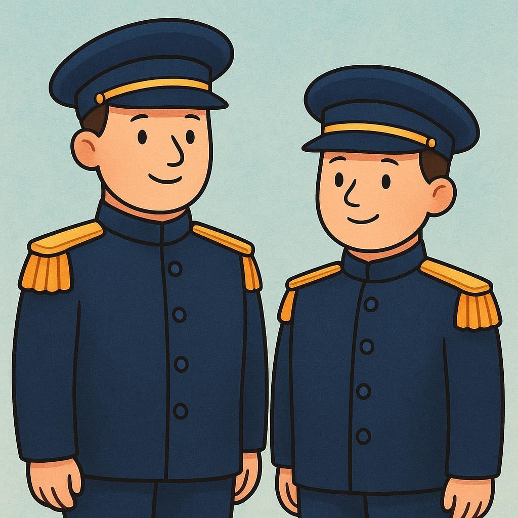 Two figures standing side-by-side, wearing simple, dark blue military uniforms with bright gold shoulder epaulets and formal caps.