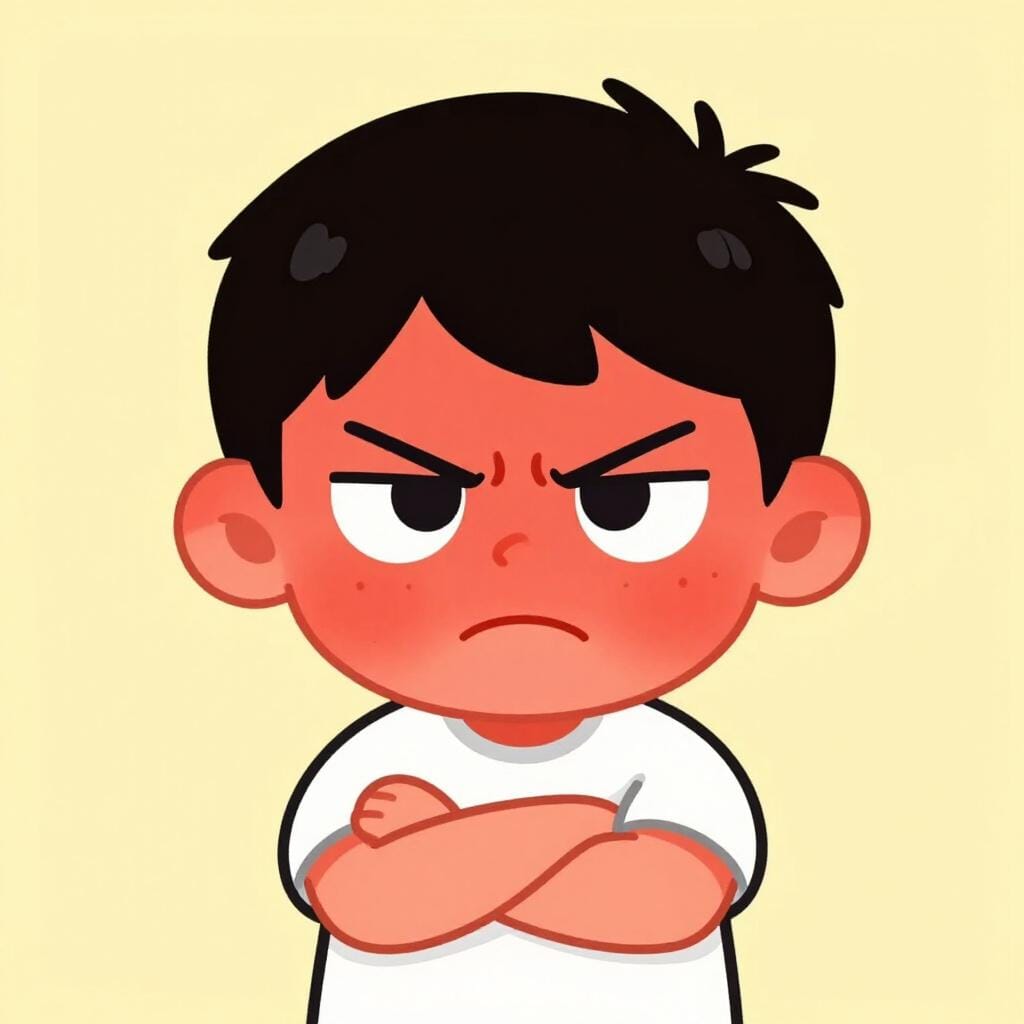 Un ragazzino imbronciato con il viso rosso vivo e le braccia conserte, che sembra molto arrabbiato.