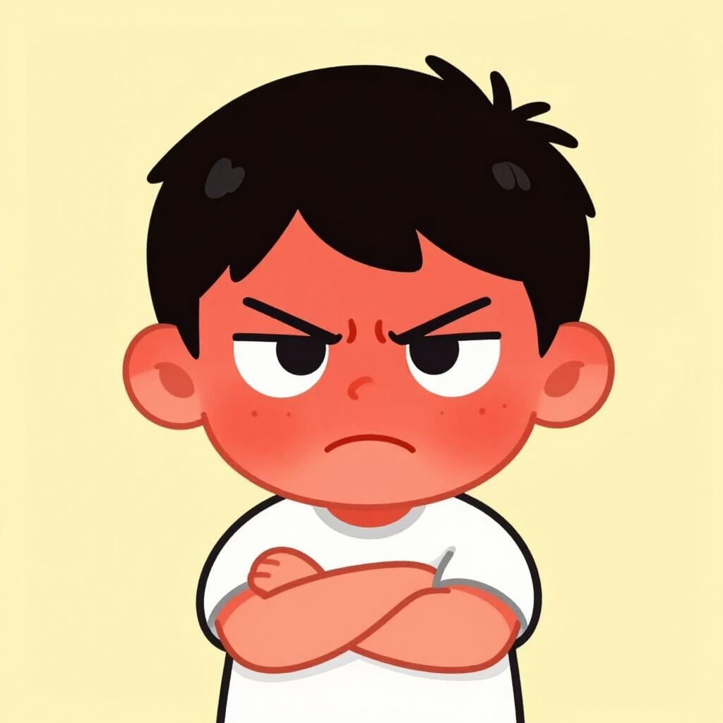 Un jeune garçon grincheux avec le visage rouge vif et les bras croisés, l'air très en colère.