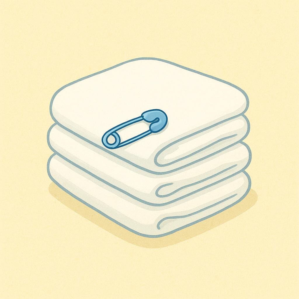 Une pile de trois couches en tissu blanches et pliées avec des épingles de sûreté colorées.