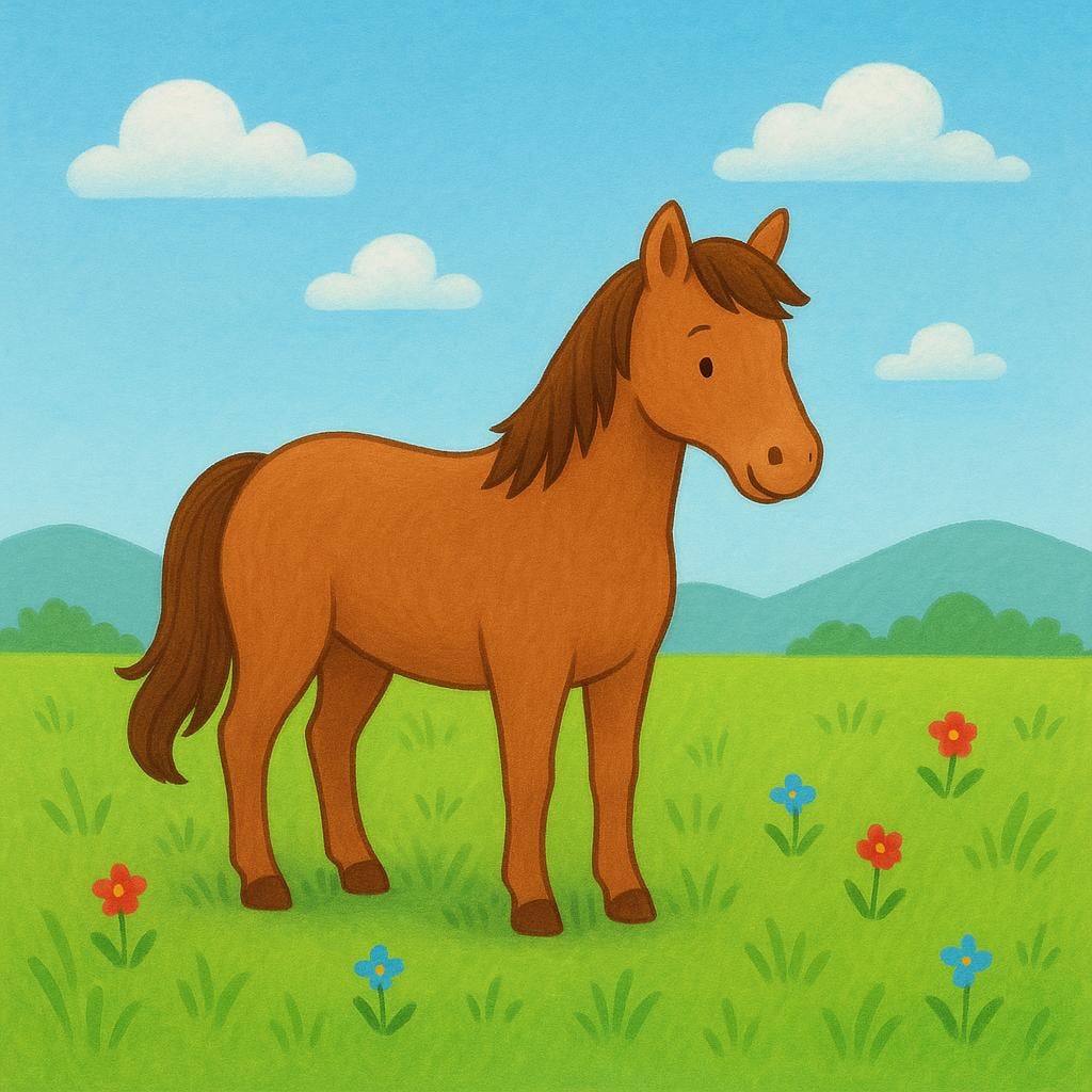 A majestic brown horse standing in a bright green field under a clear blue sky, illustrating the animal meaning.