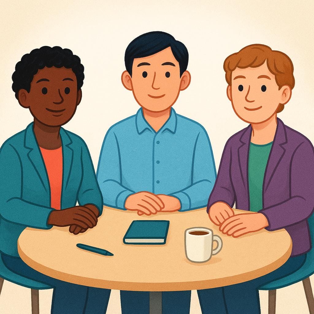 A simple colorful illustration of three people sitting around a small conference table, all paying attention to something in front of them, indicating they are attending a meeting.